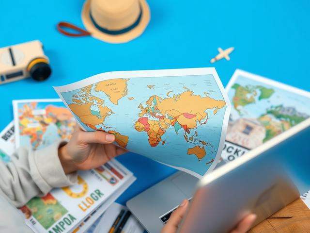 A close-up shot of a travel enthusiast with a map, planning a trip, surrounded by travel brochures and a laptop, shot with a 45mm f/1.2 lens style, with a vibrant blue background to reflect the santoriniBLU brand color.