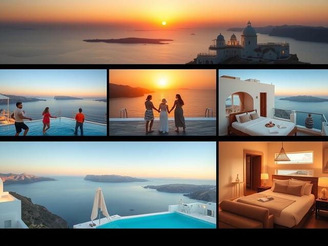 A collage of different types of hotels in Santorini, showing a family-friendly resort with children playing, a romantic hotel with a couple enjoying a sunset, and a cozy boutique hotel with a single traveler relaxing. The background features the stunning Santorini landscape, emphasizing the beauty and diversity of accommodation options.