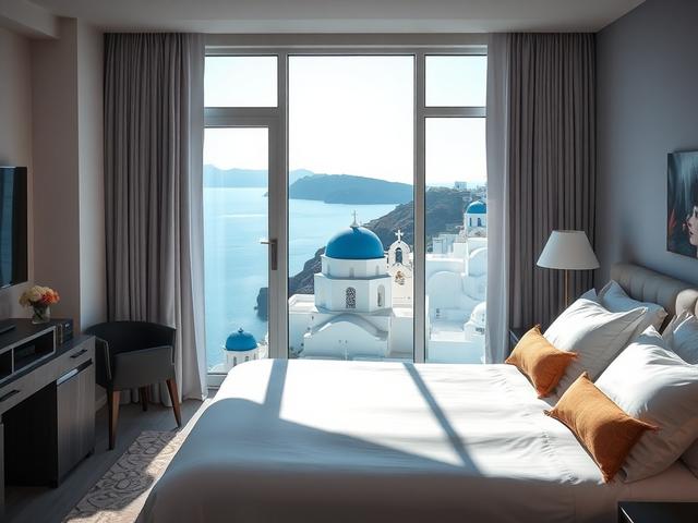 A beautiful Santorini hotel room showcasing a stunning view of the caldera, elegantly decorated with modern furnishings. The room features large windows allowing natural light to flood in, with a cozy bed adorned with soft linens. In the background, the iconic blue-domed church of Santorini can be seen through the window, with bright blue skies and whitewashed buildings adding to the picturesque scene.