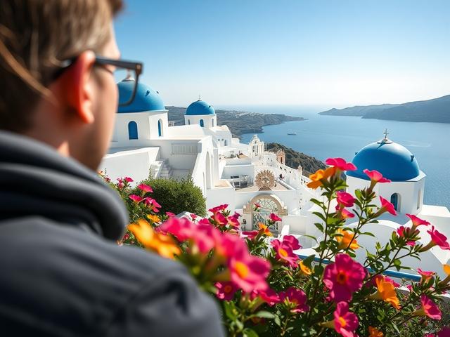 A close-up shot of a scenic view in Santorini, featuring white-washed buildings with blue domes, vibrant flowers in the foreground, and the Aegean Sea in the background. The image should capture the essence of a guided tour, showcasing a person gazing at the view, with a clear blue sky overhead. The composition should focus on the beauty of Santorini, emphasizing the architectural details and natural beauty.