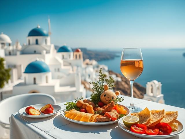 A picturesque scene of Santorini, focusing on iconic white buildings with blue domes under a bright blue sky. Capture a close-up of a beautifully arranged table with local Greek delicacies and a glass of wine, set against the backdrop of the caldera. The image should be vibrant and inviting, showcasing the charm and allure of Santorini, with a hyper-realistic style and a soft focus on the food, highlighting its colors and textures.