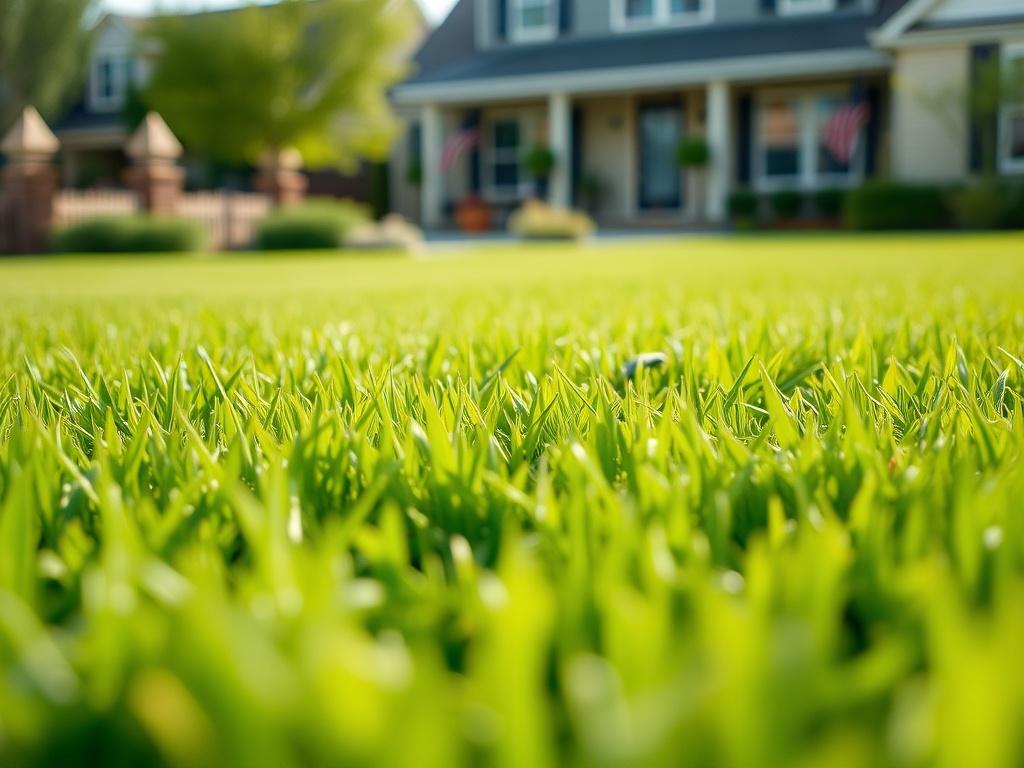 A close-up shot of a perfectly mowed lawn, showcasing vibrant green grass with clean lines and edges. The background features a well-kept residential property with soft natural lighting, emphasizing the beauty of the lawn. The image should be captured with a 45mm f/1.2 lens style for a hyper-realistic effect.