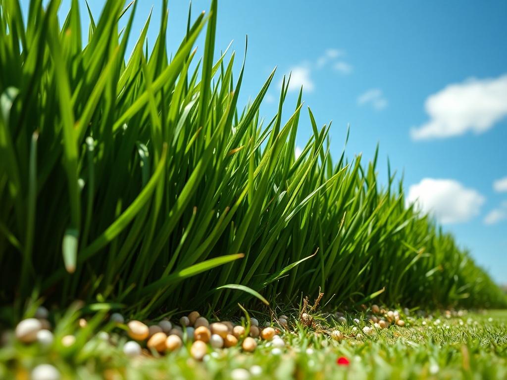 A close-up shot of a lush green lawn being fertilized, with scattered granules visible on the grass. The background features a bright blue sky and a few fluffy clouds, creating a cheerful atmosphere. The image should be captured with a 45mm f/1.2 lens style for a hyper-realistic quality.
