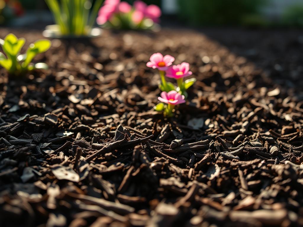 A close-up image of a garden bed beautifully covered with rich, dark mulch, highlighting the contrast between the mulch and vibrant flowers or plants peeking through. The shot should focus on the texture of the mulch, with sunlight filtering through to create a warm and inviting ambiance. The background should be softly blurred to keep attention on the mulch and plants.