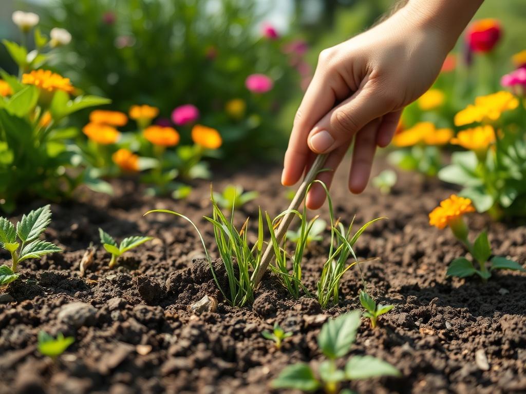 A detailed close-up of a hand pulling out weeds from a well-maintained garden, with a backdrop of lush greenery and colorful flowers. The image should capture the texture of the soil and the vibrant colors of the plants, with natural lighting highlighting the effort involved in maintaining a weed-free garden. The focus should be sharp on the weeds being removed.
