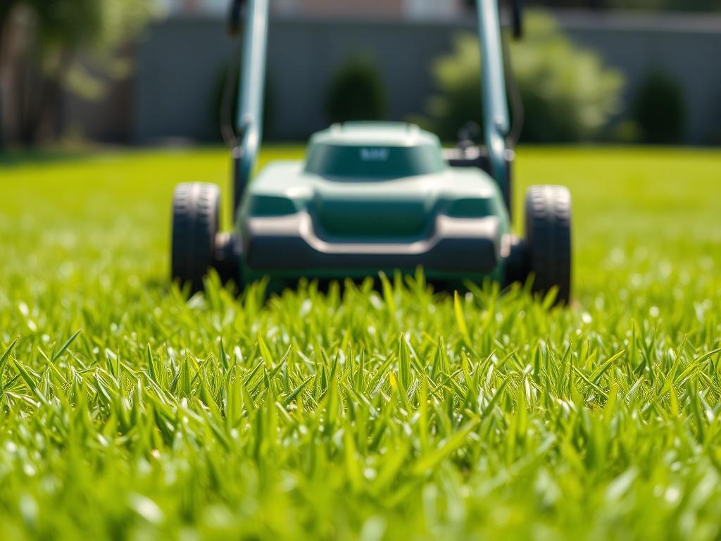 A close-up shot of a freshly mowed lawn, showcasing the rich green grass and perfectly straight lines created by a professional mower. The background should be blurred, emphasizing the texture and color of the grass, and the lighting should be bright and natural, creating a vibrant atmosphere. The composition should focus solely on the lawn.