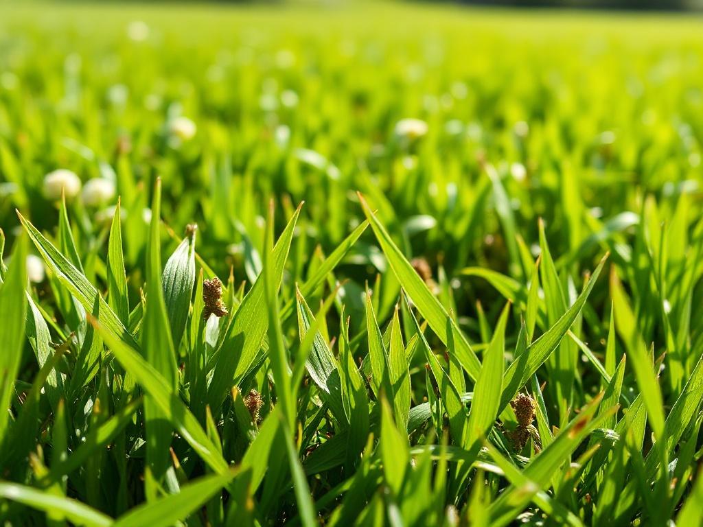 A close-up shot showing a healthy lawn with lush green grass contrasted against a few stubborn weeds being treated. The image should highlight the vibrant grass and the attention being paid to weed control. The background should depict a sunny day, emphasizing the care and professionalism associated with our weed control services.