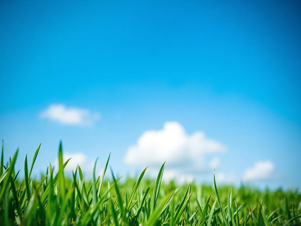 A close-up shot of a freshly mowed lawn with perfectly trimmed grass blades, showing vibrant green color and neat edges. The background should feature a clear blue sky and a few fluffy clouds, enhancing the freshness of the scene. The image should evoke a sense of cleanliness and care, reflecting the quality of lawn mowing services provided.