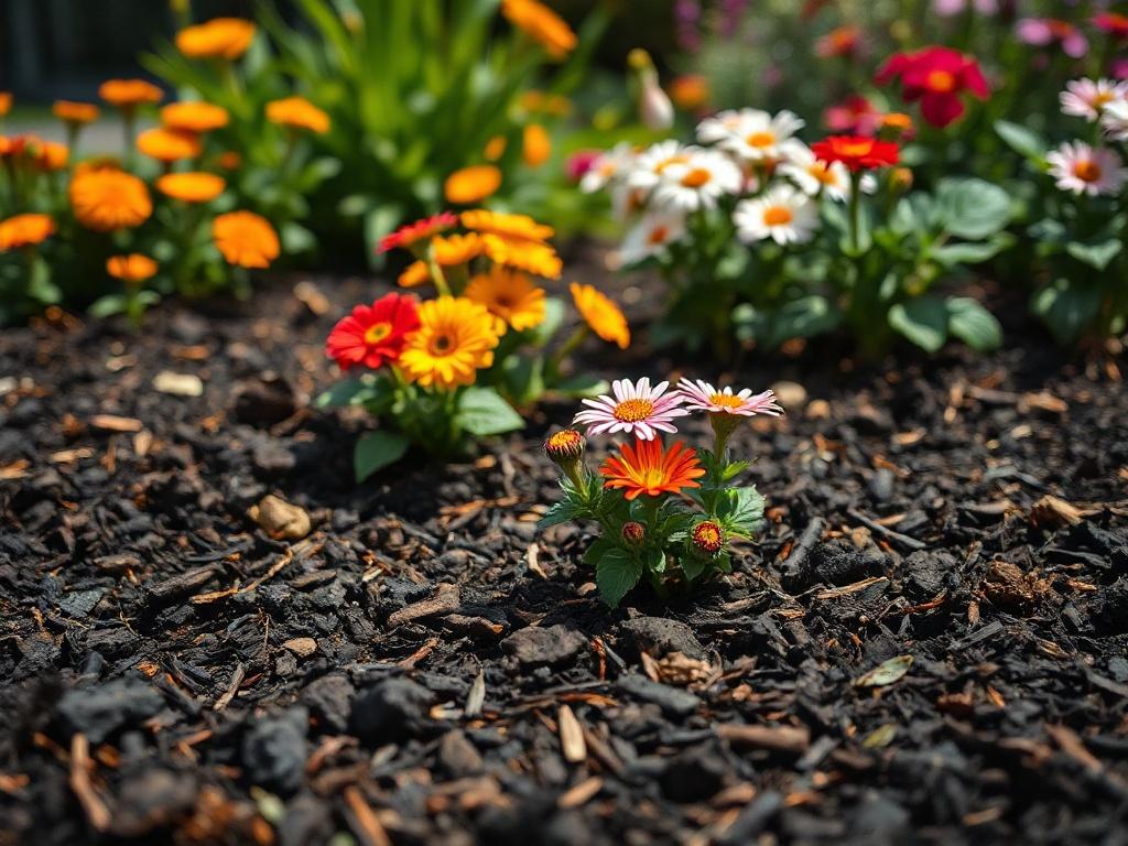 A close-up shot of a freshly mulched garden bed featuring dark, rich mulch covering the soil around vibrant flowers and plants. The image should capture the textures of the mulch and the colors of the plants, with a sunny background that highlights the beauty of a well-maintained garden. The focus should be on the quality of the mulch application and the healthy plants surrounding it.