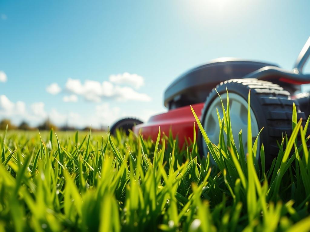 A vibrant green lawn freshly mowed, showcasing perfectly trimmed grass. The sunlight highlights the healthy blades of grass, with a focus on the neat lines created by the mower. The background features a clear blue sky and a few fluffy clouds, emphasizing a pristine outdoor environment. This hyper-realistic close-up shot should evoke a sense of freshness and care, shot with a 45mm f/1.2 lens.