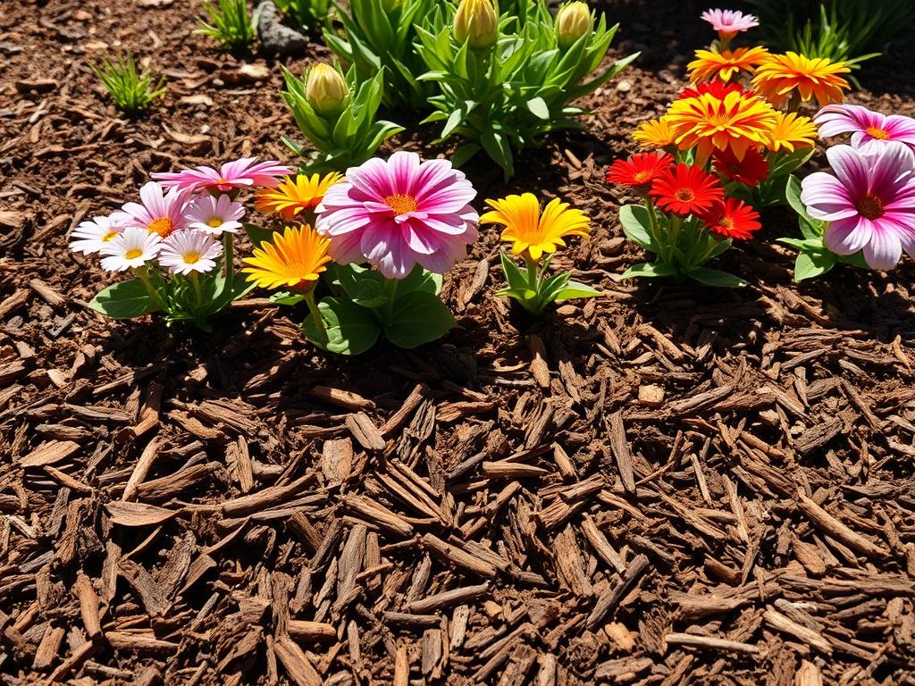 A freshly applied layer of mulch in a flower bed, showcasing rich brown hues that contrast beautifully with colorful flowers. The mulch is evenly spread around the plants, creating a tidy and polished appearance. The sun casts soft shadows, highlighting the texture of the mulch while the vibrant blooms add a burst of color. This hyper-realistic close-up shot should evoke a sense of natural beauty and care, shot with a 45mm f/1.2 lens.