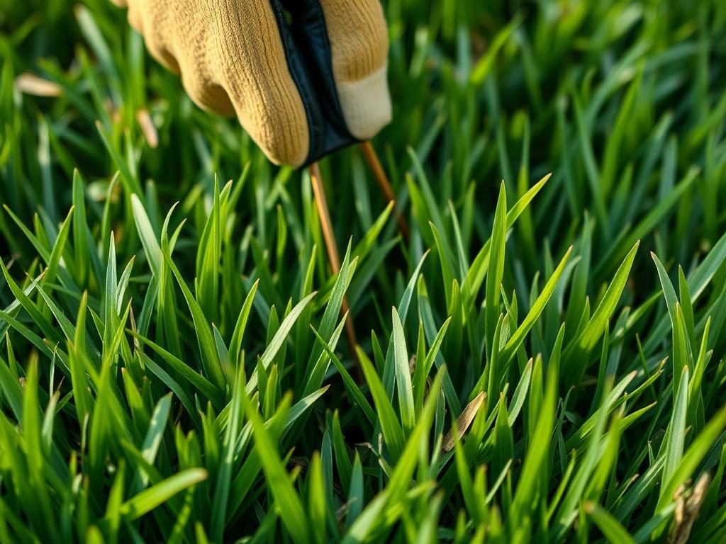 A close-up of a healthy lawn with lush green grass, contrasting sharply against a few unwanted weeds. The focus is on the vibrant blades of grass, showcasing their health and vitality, while a hand wearing a gardening glove is seen pulling weeds from the ground. This hyper-realistic shot emphasizes the contrast between the desired grass and the weeds, evoking a sense of care and attention to detail, shot with a 45mm f/1.2 lens.
