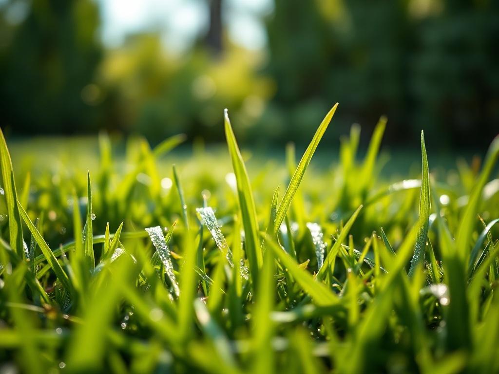 A close-up shot of a vibrant green lawn with dew drops glistening in the morning sunlight. The focus is on the rich texture of the grass blades, showcasing their health and vitality. The background is softly blurred, emphasizing the lushness of the lawn. The image should convey a sense of freshness and care, with a harmonious color palette that aligns with the #062767 primary color.