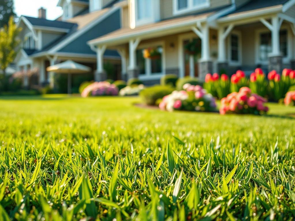 Create a realistic high-resolution photo that captures the essence of lawn care for homeowners, titled "The Importance of Lawn Care for Homeowners." The composition should be simple and clear, featuring a single, vibrant green lawn as the main subject. The lawn should be freshly mowed, with lush grass showcasing a rich texture and vivid color. 

In the background, include a charming residential home that reflects a warm and inviting atmosphere, subtly suggested but not overpowering the lawn. The house shoul