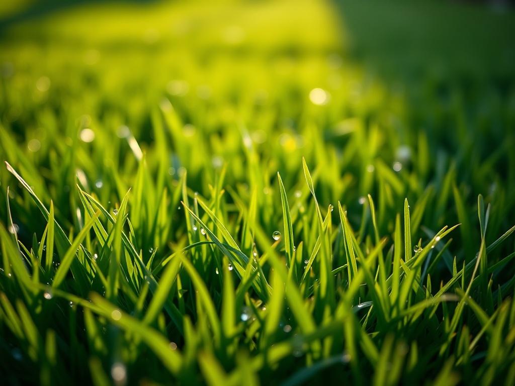 A close-up shot of a vibrant, healthy lawn with rich green grass, showcasing dew drops glistening in the morning sunlight. The background is blurred to emphasize the lush texture of the grass, creating a serene and inviting atmosphere. The image is captured with a 45mm f/1.2 lens style for a hyper-realistic effect, and the primary color is rgb(50, 170, 39).