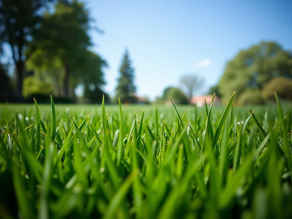 A close-up shot of a freshly mowed lawn with lush green grass, captured using a 45mm f/1.2 lens. The focus is on the texture of the grass blades, with a blurred background of trees and a blue sky, highlighting the beauty of a well-maintained lawn.