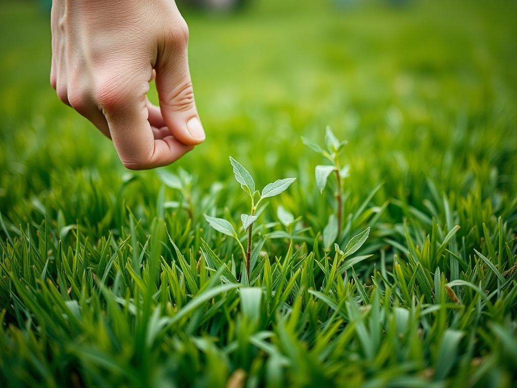 A close-up shot of a healthy lawn with a few weeds being pulled out by hand, captured with a 45mm f/1.2 lens. The focus is on the hands removing the weeds, with a vibrant green lawn in the background, showcasing the contrast between the grass and weeds.