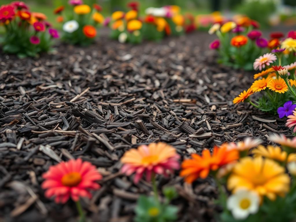 A close-up shot of fresh, dark wood mulch spread around vibrant flower beds, taken with a 45mm f/1.2 lens. The focus is on the texture of the mulch and the surrounding colorful flowers, with a soft blur of greenery in the background.