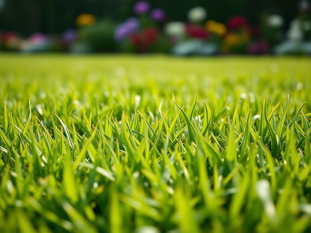A close-up shot of a perfectly manicured lawn, showcasing freshly mowed grass with a few blades slightly bent. The focus is on the vibrant green color of the grass, highlighting the texture and health of the lawn. The background is softly blurred to emphasize the lawn's details, with hints of colorful flowers in the distance, creating an inviting and serene outdoor atmosphere.