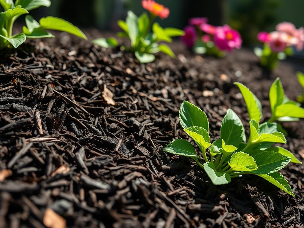 A close-up shot of a freshly mulched garden bed, showcasing dark, rich mulch contrasting with vibrant green plants. The focus should be on the texture of the mulch and the healthy leaves of the plants. In the background, a hint of a colorful flower blooms adds to the beauty of the scene, while the sunlight casts a warm glow, creating a lively and inviting atmosphere.
