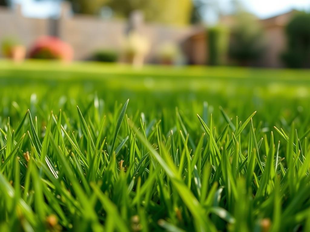 A close-up shot of a healthy lawn with vibrant green grass, contrasted by a few stubborn weeds. The focus is on the lush texture of the grass and the distinction between the healthy blades and the weeds. The background features a blurred but sunny outdoor setting, emphasizing a well-maintained yard that is inviting and serene.