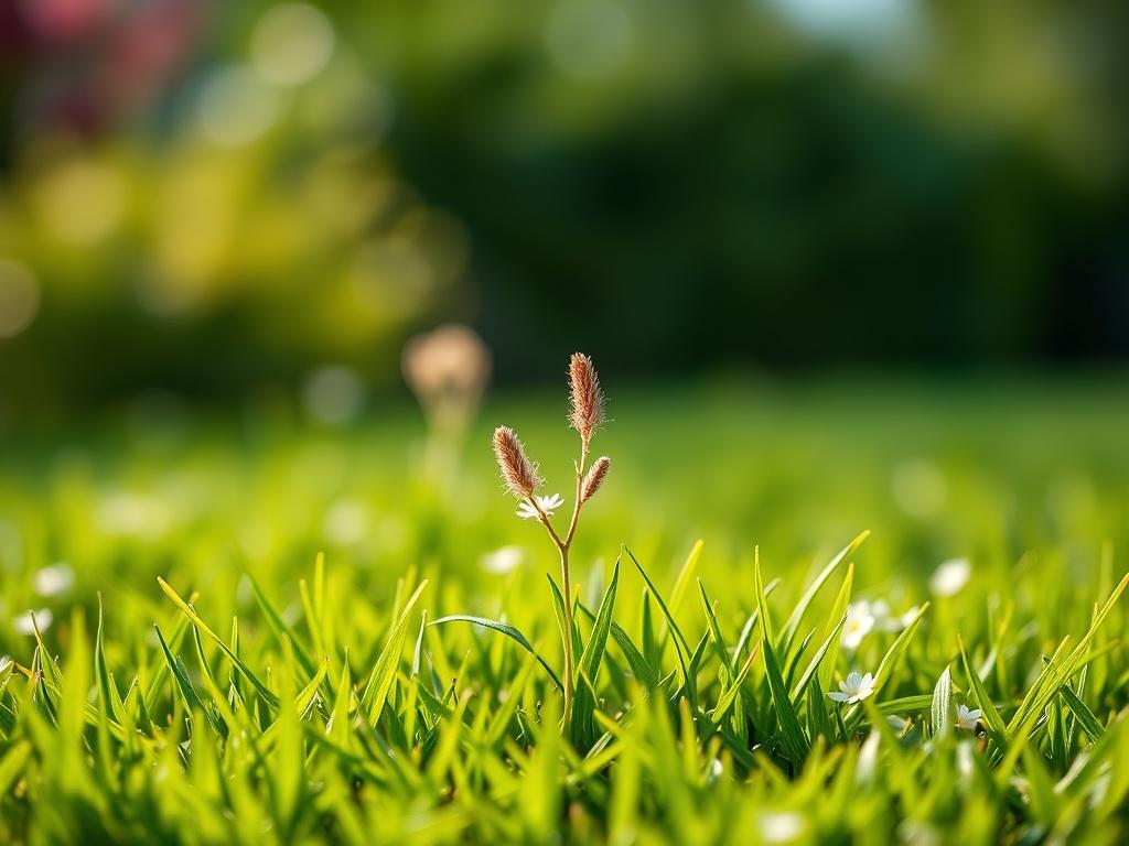 A hyper-realistic close-up shot of a vibrant green lawn with a focus on healthy grass and a few weeds being targeted for removal. The background should be softly blurred, emphasizing the contrast between the lush grass and the weeds. Capture the essence of a well-maintained lawn, using a 45mm f/1.2 lens to highlight the details.