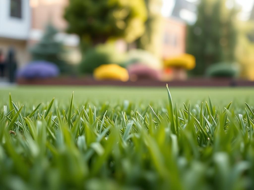 A hyper-realistic close-up shot of a freshly mowed green lawn, showcasing the crisp lines and vibrant color of the grass. The focus should be on the texture and the healthy appearance of the grass blades, with a blurred background of a well-kept garden. The image should be captured with a 45mm f/1.2 lens to enhance the depth of field, emphasizing the lushness of the lawn.