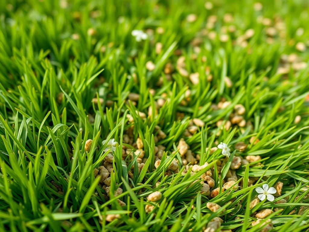 A hyper-realistic close-up shot of freshly applied fertilizer on a lush green lawn, capturing the texture of the granules mixed with the grass. The background should be softly blurred to keep the focus on the grass and fertilizer. This image should be taken with a 45mm f/1.2 lens to highlight the details and vibrant color of the lawn.