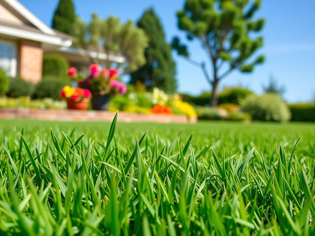 A hyper-realistic close-up shot of a perfectly mowed lawn, showcasing vibrant green grass blades with a clean cut. The background features a well-maintained garden and a clear blue sky, emphasizing the beauty and freshness of the lawn. The composition should focus solely on the lawn, capturing the texture and detail of the grass.