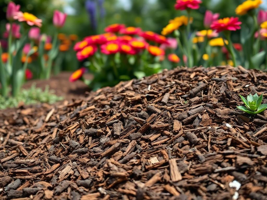 A hyper-realistic close-up shot of freshly applied mulch in a flower bed, showcasing the rich texture and color of the mulch. The background features vibrant flowers and greenery, highlighting the contrast and beauty of the landscape. The composition should focus solely on the mulch and plants, capturing the details and aesthetics of a well-maintained garden.
