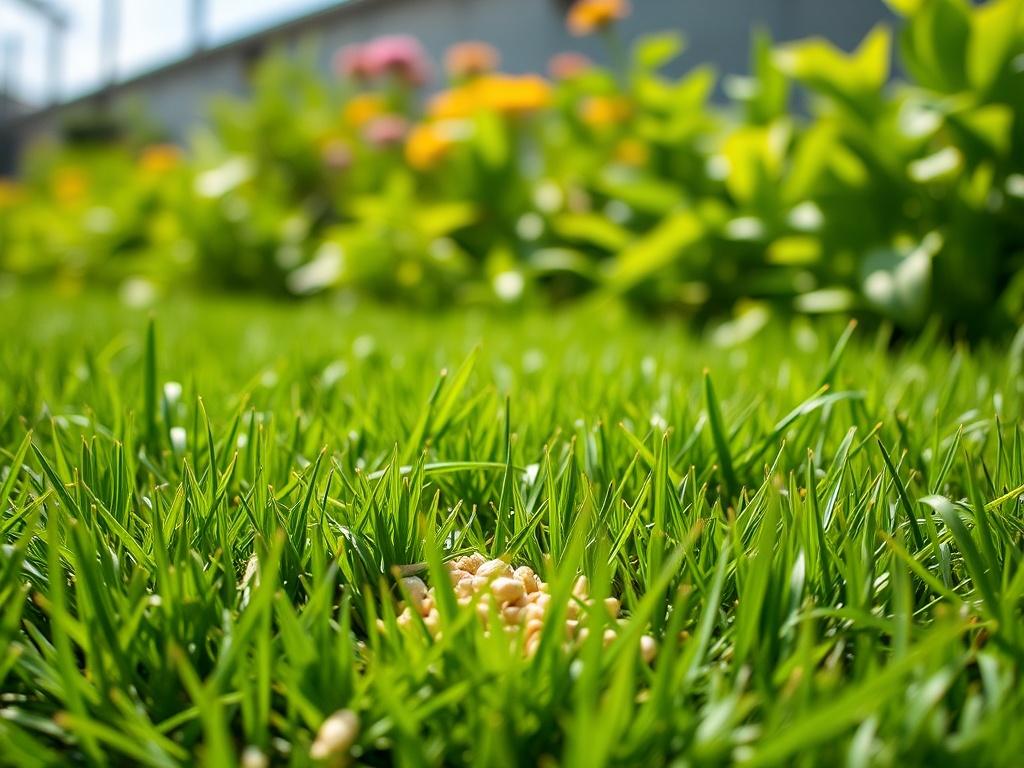 A hyper-realistic close-up shot of a lush green lawn being fertilized, with granules of fertilizer visible on the grass. The background includes a sunny sky and healthy plants, showcasing the vibrant environment. The composition should focus on the lawn and fertilization process, capturing the details of the grass and fertilizer.