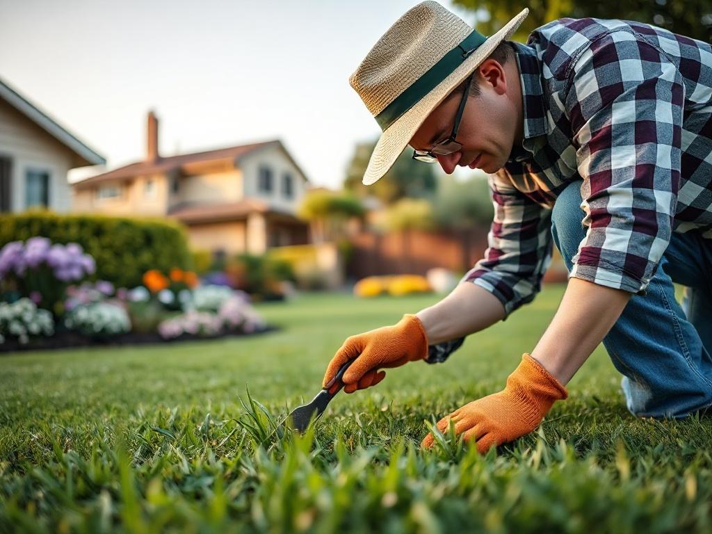 Generate a realistic high-resolution photo that embodies the theme of "Essential Lawn Care Tips for Homeowners." The composition should feature a close-up shot of a gardener kneeling in a vibrant, green lawn, intently inspecting a patch of grass for health and growth. The gardener should be wearing a broad-brimmed hat and gardening gloves, holding a hand trowel in one hand while the other gently touches the grass to demonstrate care and attention. 

The background should be a lush suburban yard, showcasing 