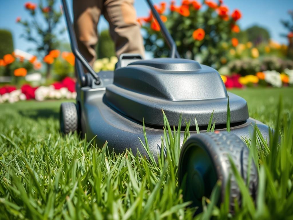 A lush green lawn being mowed by a professional landscaper using a high-quality mower. The image captures a close-up of the mower cutting the grass with freshly cut blades visible. The background shows vibrant flower beds and a clear blue sky. The composition is simple and clear, focusing on the mowing action.