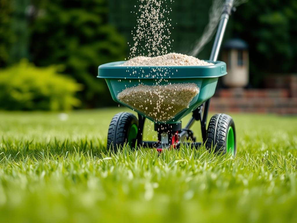 A close-up of a lawn being fertilized, focusing on the spreader distributing granular fertilizer evenly across the green grass. The image shows the lushness of the lawn and the vibrant color of the grass. The background is soft and blurred, emphasizing the fertilization process. The composition is simple and clear.