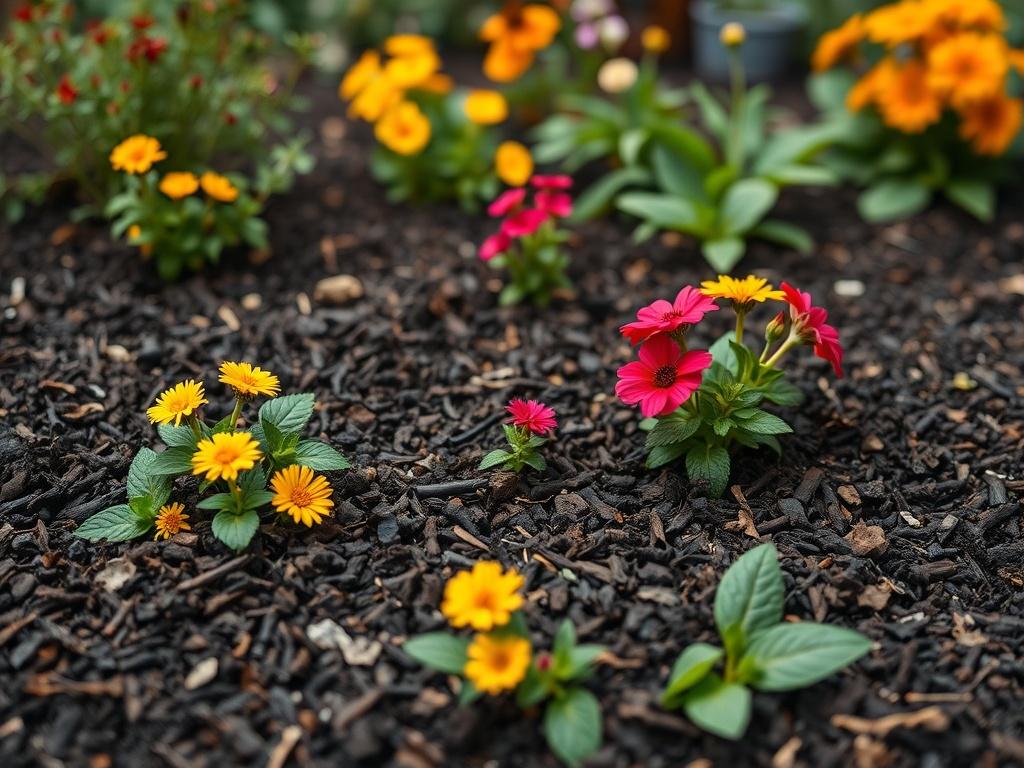 A freshly mulched garden bed showcasing rich, dark mulch surrounding vibrant flowers and plants. The image captures the texture of the mulch and the vivid colors of the plants, emphasizing the contrast. The background is softly blurred, focusing on the beauty of the garden. The composition is simple and clear.