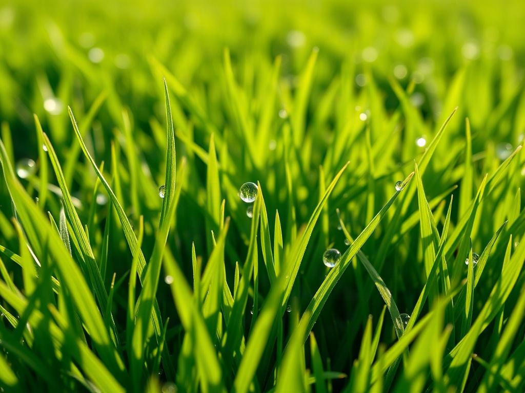 A close-up shot of a lush, healthy lawn with vibrant green grass, taken with a 45mm f/1.2 lens. The focus is sharp on the grass blades, showcasing dew droplets that glisten in the sunlight. The background is softly blurred to emphasize the texture and color of the grass, creating a serene and inviting atmosphere. The overall color palette aligns with the #062767 primary color, enhancing the natural beauty of the lawn.