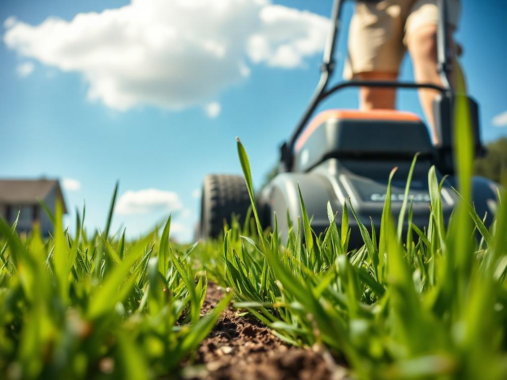 A close-up shot of a lush, green lawn being expertly mowed, showcasing healthy grass blades and soil. The background features a clear blue sky and a few fluffy clouds, creating a serene and inviting atmosphere. The focus is on the mower in action, emphasizing the precision and care taken in lawn maintenance. The overall composition is bright and vivid, capturing a moment of transformation in a residential setting.