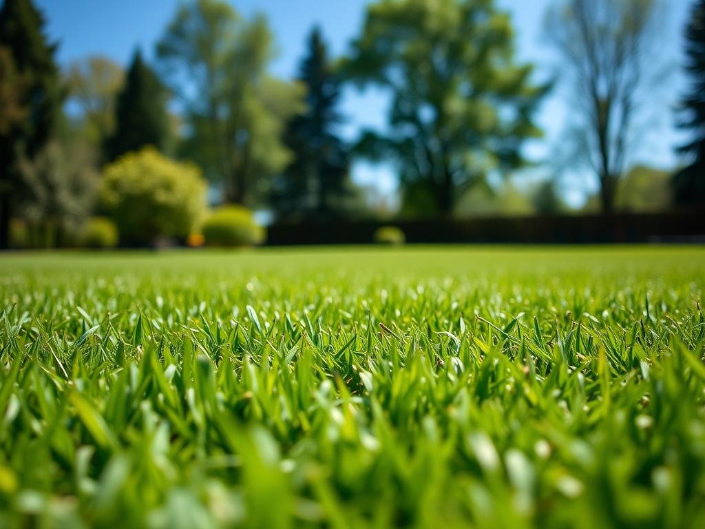 A hyper-realistic close-up shot of a freshly mowed lawn, showcasing the vibrant green grass, with a blurred background of trees and a clear blue sky. The image should capture the crisp lines of the mowing pattern, emphasizing the neatness and health of the grass, shot with a 45mm f/1.2 lens.