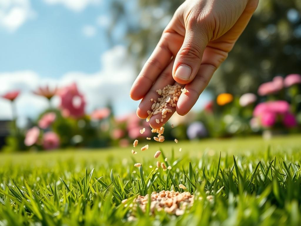 A hyper-realistic close-up shot of a hand spreading high-quality fertilizer on a lush green lawn, with a blurred background of blooming flowers and a sunny sky. The image should focus on the granules falling on the grass, highlighting the care and attention to detail, shot with a 45mm f/1.2 lens.