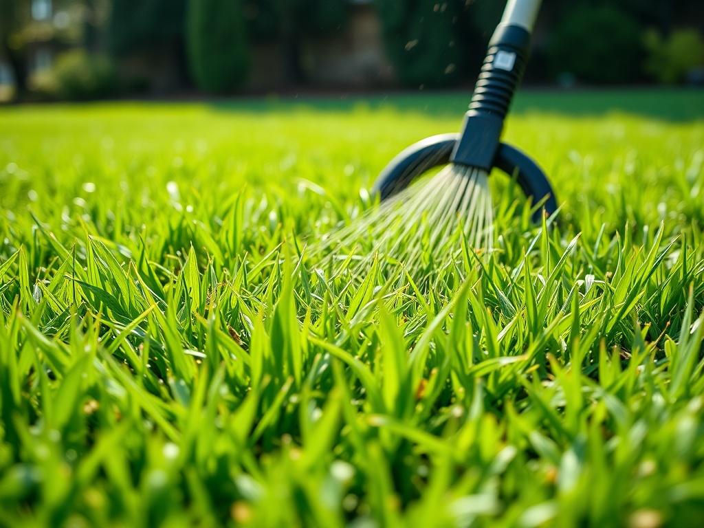 A hyper-realistic close-up shot of a healthy lawn with vibrant green grass being treated for weeds, showing a clear distinction between the grass and the weeds being removed. The background should be softly blurred, emphasizing the focus on the lawn care process, shot with a 45mm f/1.2 lens.