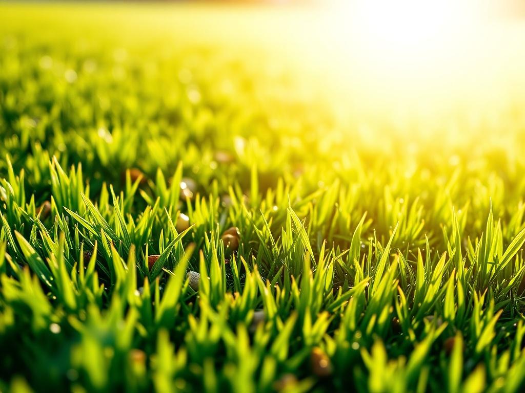 A hyper-realistic close-up of a freshly fertilized lawn, with granules visibly scattered across the vibrant green grass. Sunlight casts a warm glow on the scene, highlighting the richness of the grass and the health of the soil beneath. The background should remain simple and natural to emphasize the healthy lawn, captured with a 45mm f/1.2 lens.