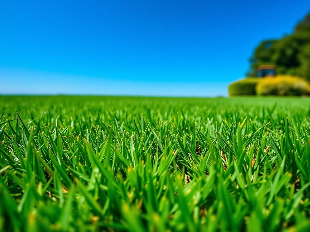 A close-up shot of a perfectly mowed lawn, showcasing lush green grass with a clear blue sky in the background. The grass is evenly trimmed, highlighting the clean lines of the mowing pattern. The image should be hyper-realistic, focusing on the texture of the grass and the vibrant colors of the landscape, captured with a 45mm f/1.2 lens.