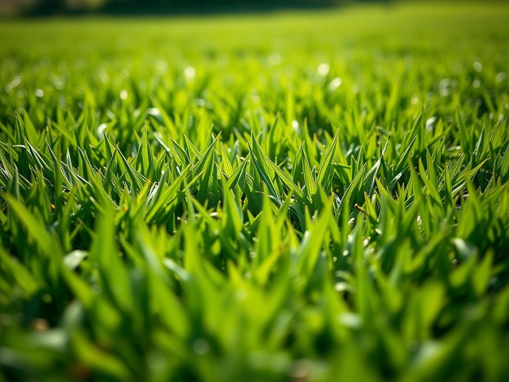 A hyper-realistic close-up of a weed-free lawn, showcasing the rich green grass and the absence of any weeds. The image should focus on the healthy texture of the grass, with sunlight illuminating the scene. The background should be blurred to keep attention on the pristine lawn, captured with a 45mm f/1.2 lens.