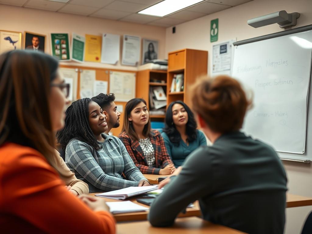 A focused shot of a diverse group of students in a classroom setting, engaged in an interpreting training session. The instructor, a professional interpreter, is demonstrating techniques on a whiteboard. The background features educational materials and a welcoming atmosphere, with warm lighting enhancing the learning environment. The composition captures the intensity and engagement of the students as they learn about medical and community interpreting.