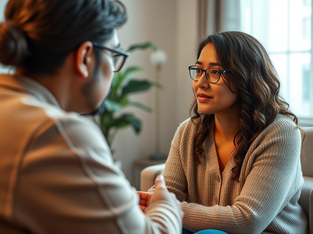 A close-up shot of a mental health interpreter assisting a therapist and a client during a counseling session. The interpreter listens intently while conveying the client's emotions. The background features a cozy counseling room with soft lighting and comfortable furniture, emphasizing the importance of a supportive environment for mental health discussions. The image should be high-resolution, showcasing the sensitivity of the situation.