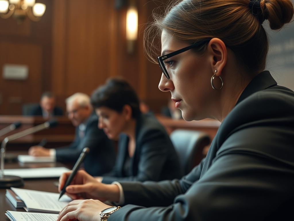 A close-up shot of a legal interpreter assisting during a courtroom session. The interpreter is focused on delivering accurate translations while a judge and lawyers are visible in the background. The courtroom setting is formal and professional, emphasizing the serious nature of legal proceedings. The image should be high-resolution, highlighting the importance of clear communication in the justice system.