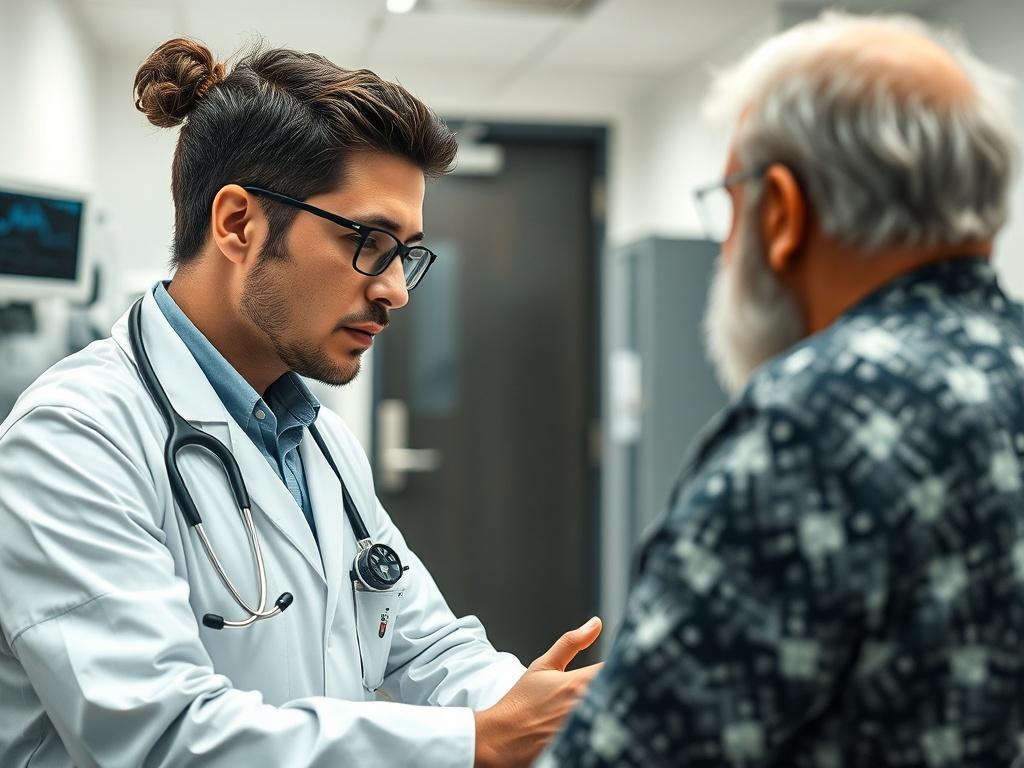A close-up shot of a medical interpreter facilitating a conversation between a doctor and a patient in a clinic. The interpreter is focused and attentive, ensuring clear communication. The background shows a modern medical office with medical equipment and charts visible, creating a professional atmosphere. The image should be rendered in high-resolution, capturing the importance of effective communication in healthcare.