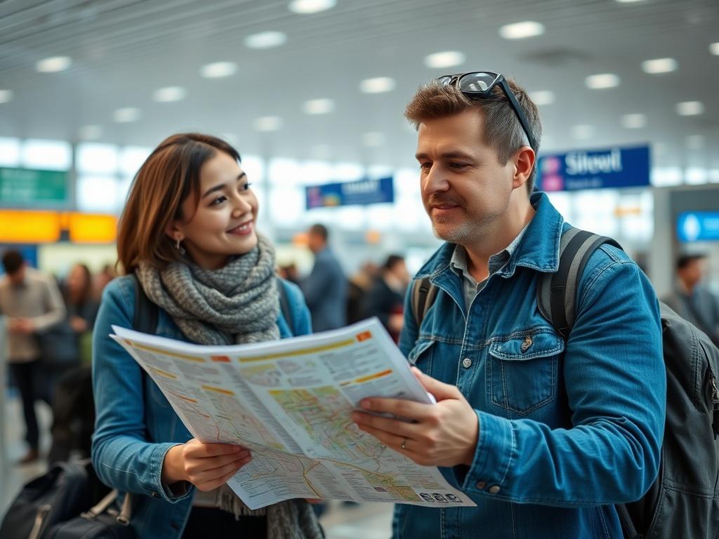 A close-up shot of a travel companion assisting a traveler at an airport. The companion is providing guidance while holding a map, and the traveler looks relieved and engaged. The background shows an airport setting with travelers and signage, emphasizing the journey. The image should be high-resolution, conveying the support and security that comes with having a language companion.
