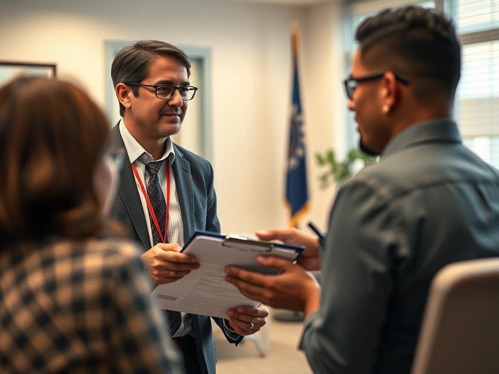 A close-up shot of a professional interpreter assisting an individual during a USCIS appointment. The focus is on the interpreter, who is engaged in conversation while holding a clipboard with paperwork. The background is softly blurred, showcasing an office setting with subtle elements that suggest a formal appointment, such as a desk and a flag. The lighting is warm and inviting, creating a supportive atmosphere.