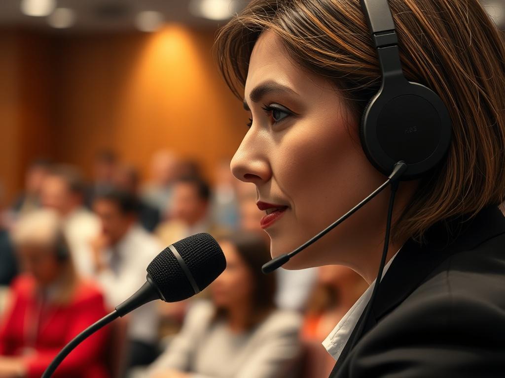 A close-up shot of a professional interpreter wearing a headset, focused on a conference setting. The background shows a blurred audience engaged in a seminar, with a microphone in front of the interpreter. The lighting is bright and professional, highlighting the interpreter's concentration and the high-quality headset. The image is rendered in hyper-realistic style, showcasing details like facial expressions and headset design.